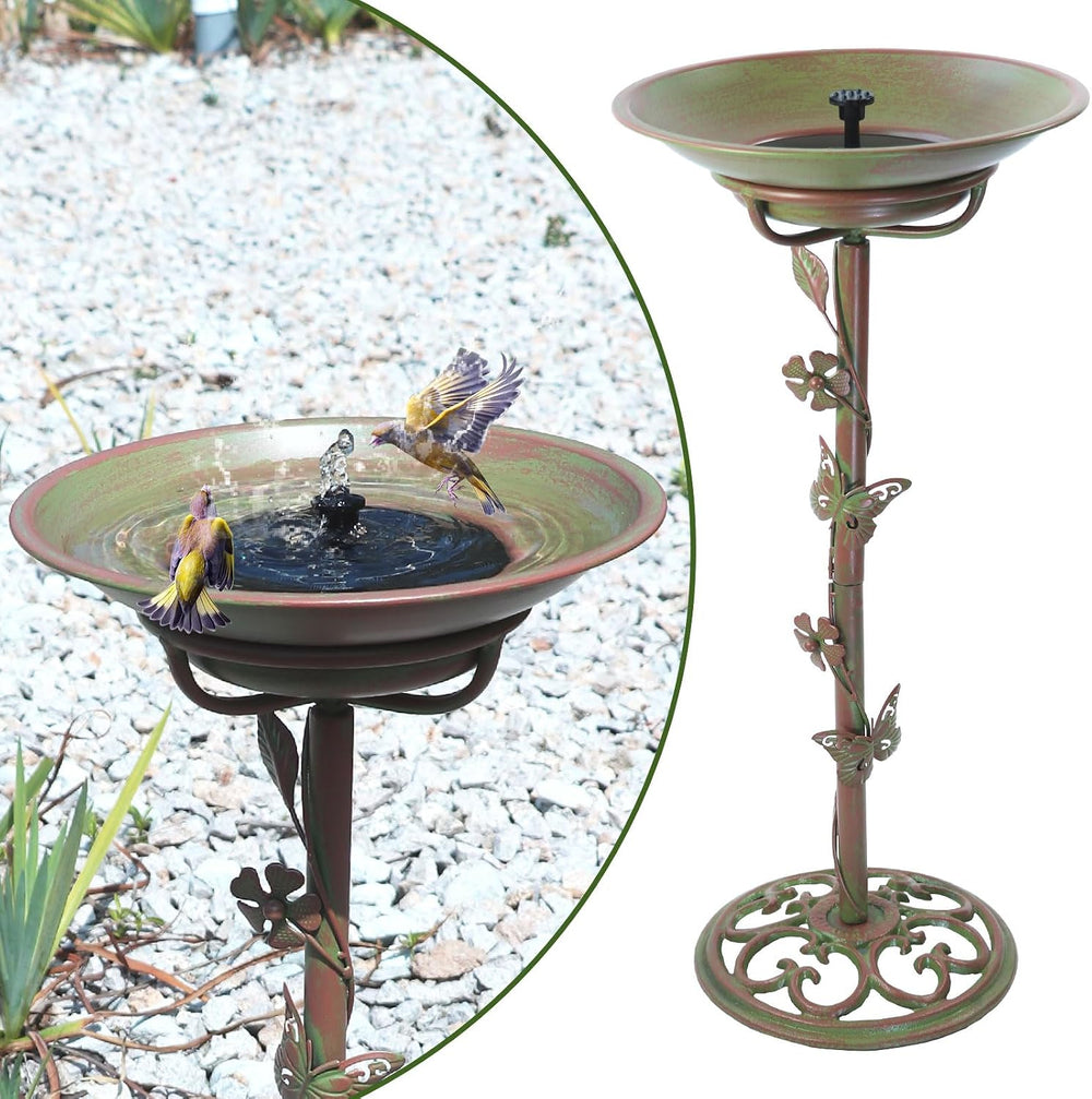 28.5"H Solar Bird Bath for Outside,Cast Iron Bird Bath with Solar Fountain
