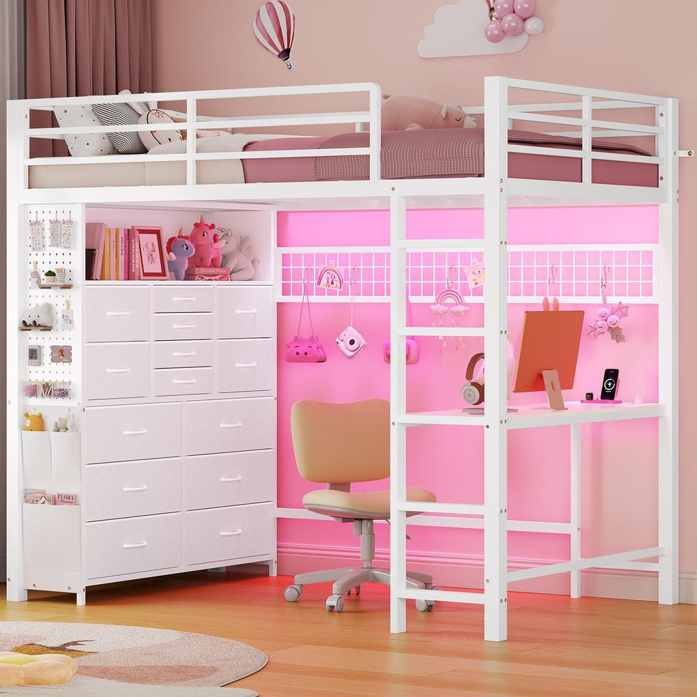 ADORNEVE Twin Loft Bed with Desk,14 Storage Drawers & Power Outlet, White