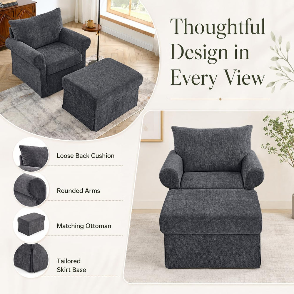 35.82" Oversized Accent Chair with Ottoman, Chenille Armchair, Gray
