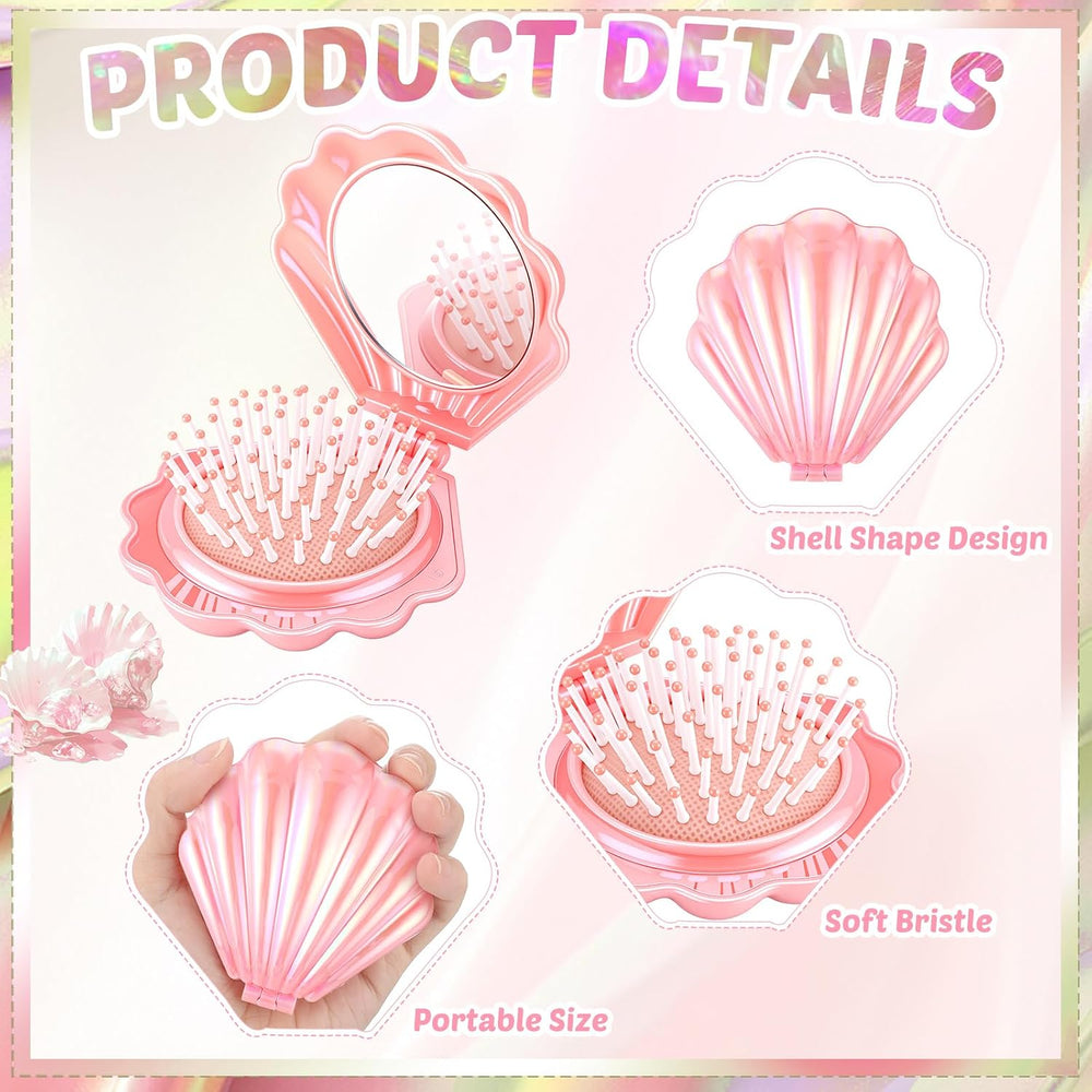 12 Pcs Mermaid Party Favors Shell Hair Brush Mirror, Pink