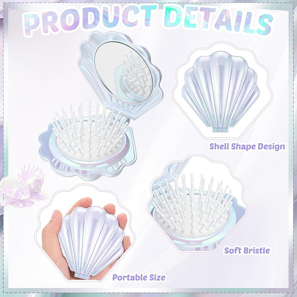 12 Pcs Mermaid Party Favors Shell Hair Brush Mirror, White