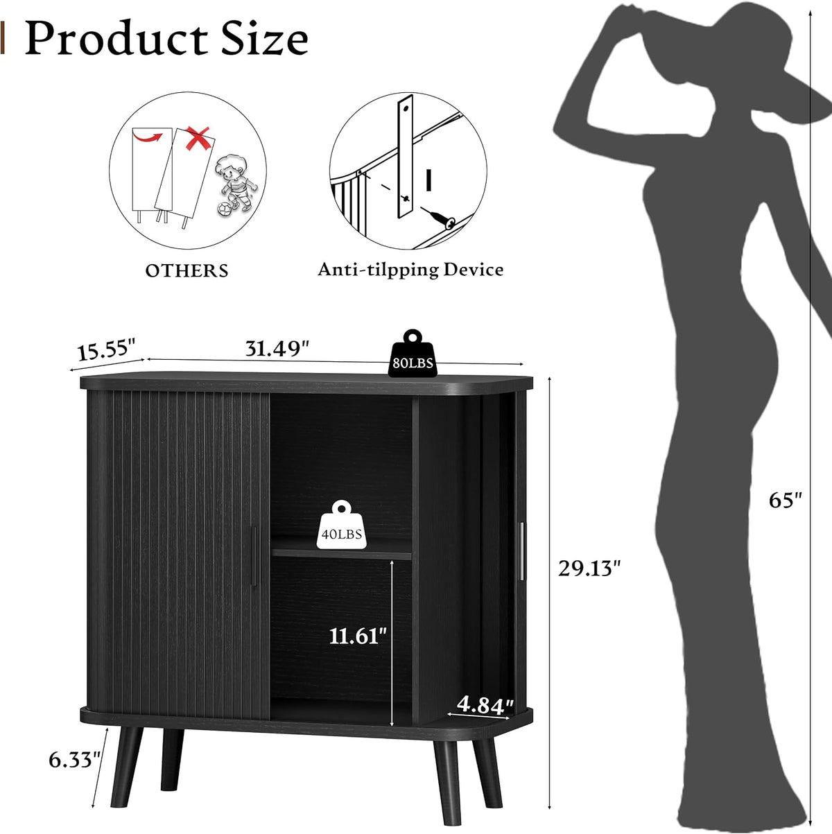 Xixini Fluted Sideboard Buffet Cabinet with Sliding Doors, 31.5", Black