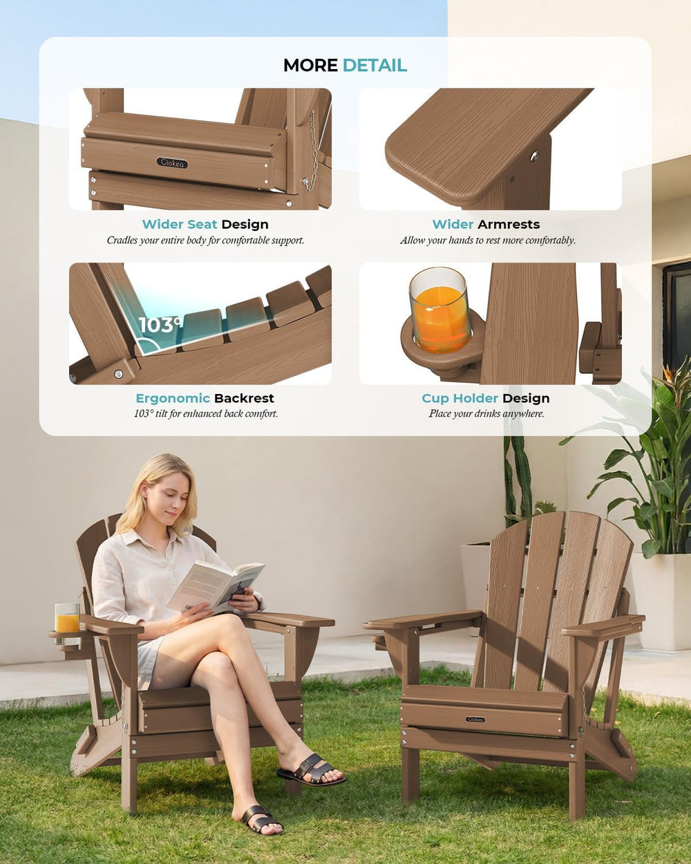 Ciokea Folding Adirondack Chairs Set of 2 with Cup Holder, HDPE, Teak