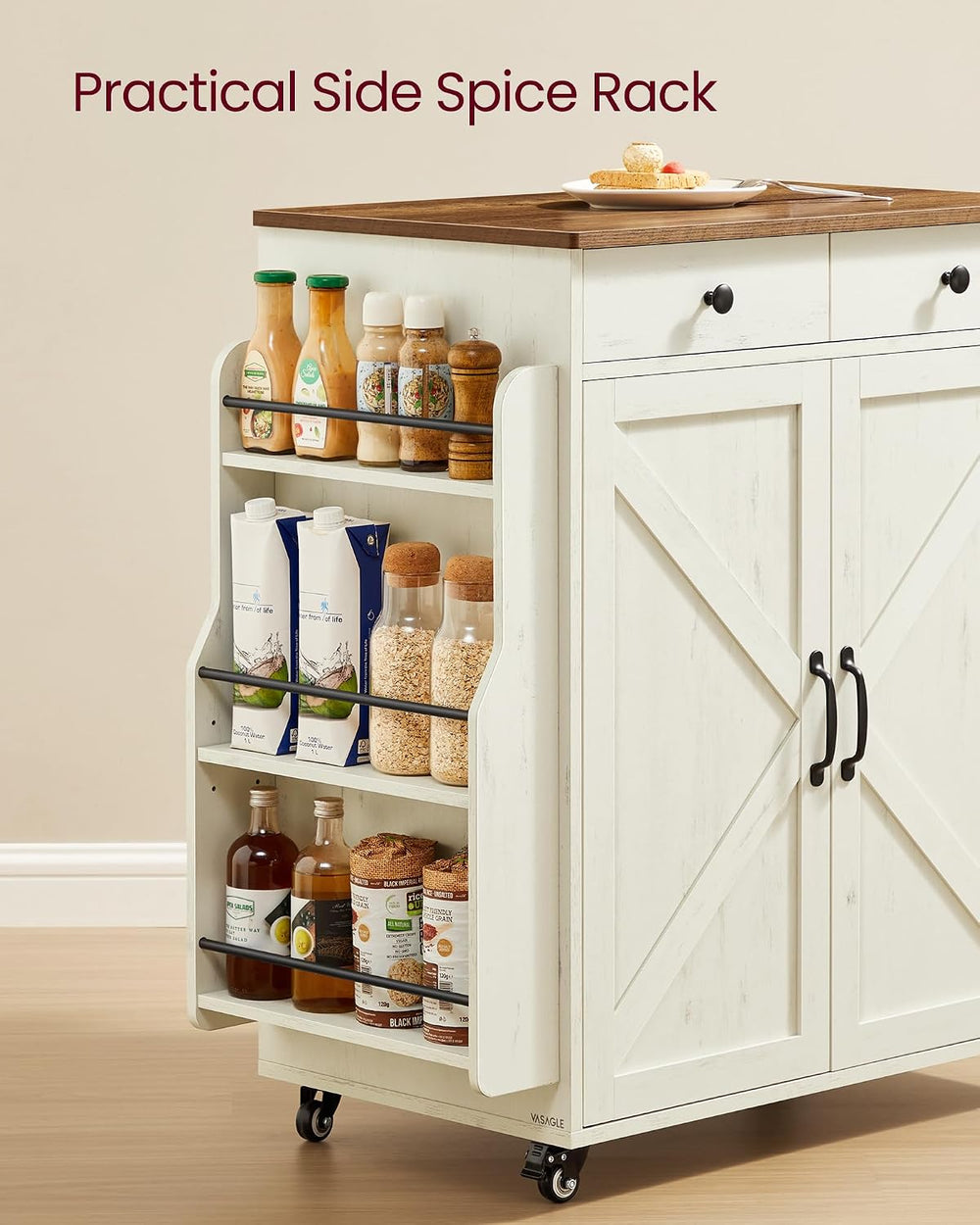 VASAGLE Mobile Kitchen Island with 2 Doors, 2 Drawers