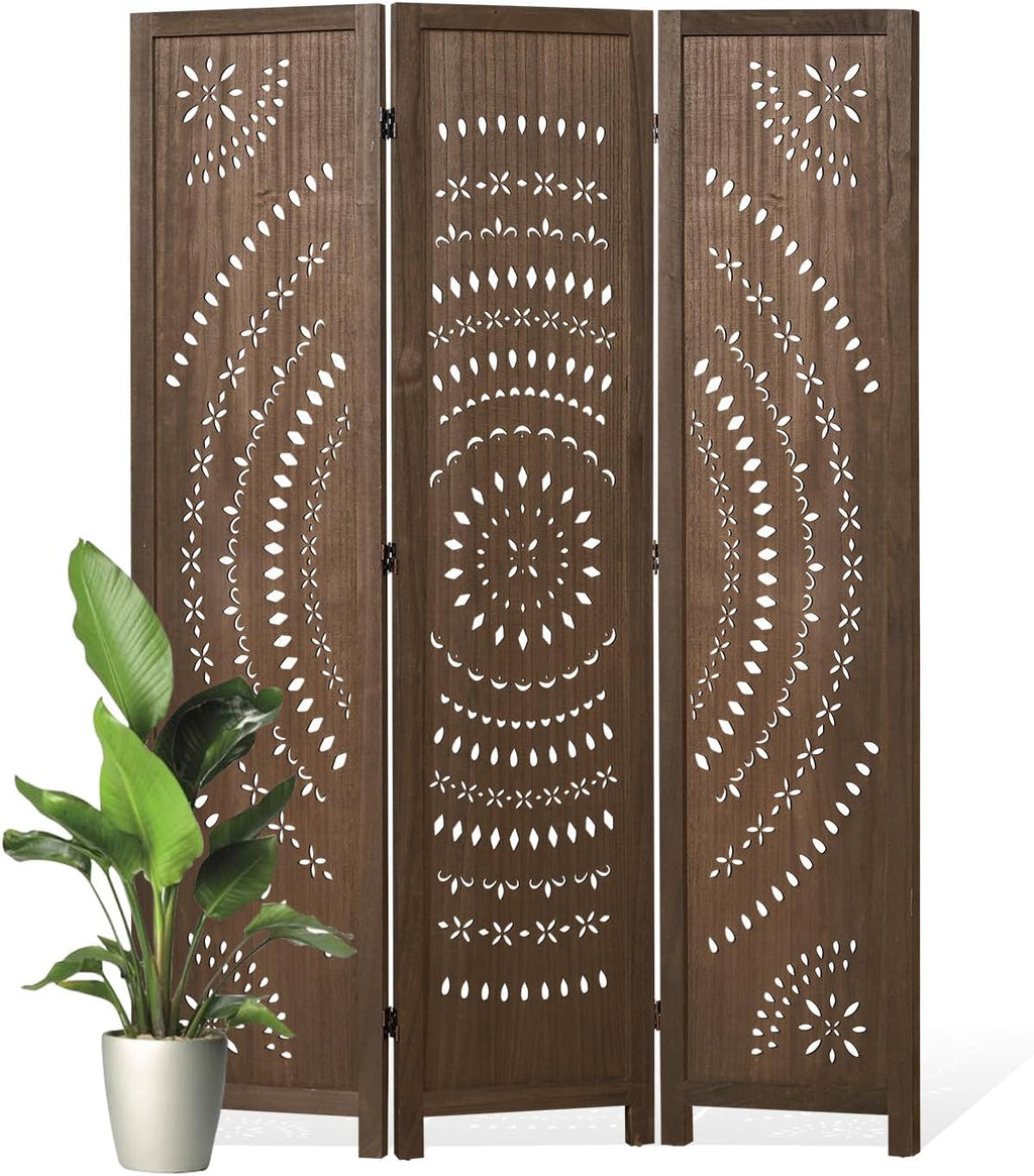 66.9Inch Folding Room Divider, 3 Panels Wood Carved Privacy Screens, Free Assembled Freestanding Partition for Home Office Restaurant Bedroom (Brown)