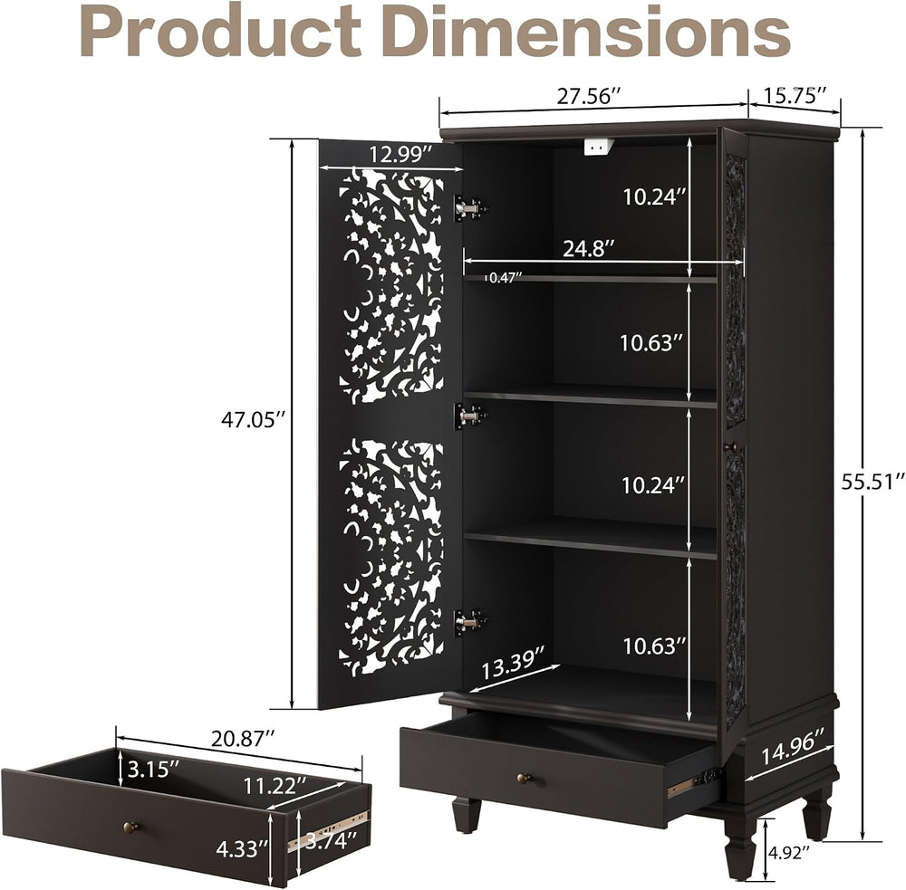 Accent Cabinet with Doors and Storage for Living Room, 55" Tall Hollow-C...