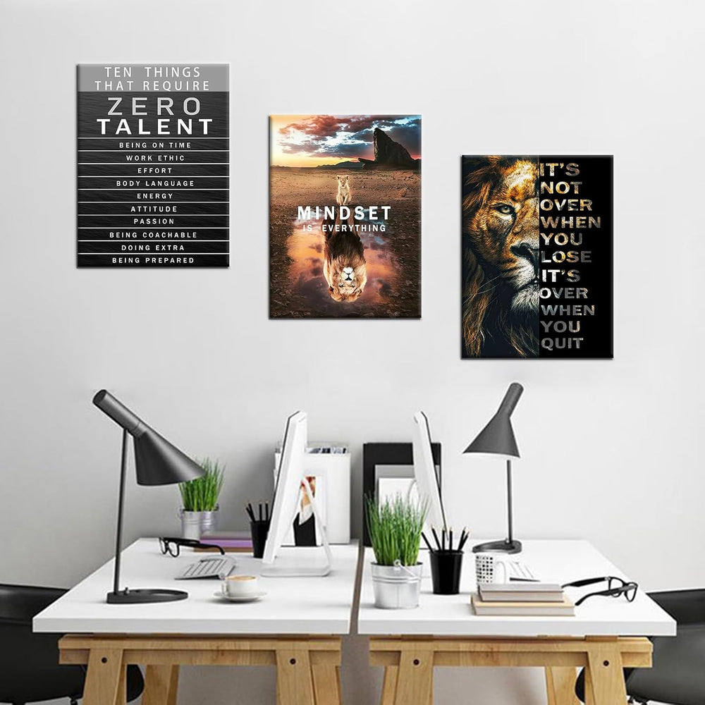 QYHART Lion Mindset Zero Talent 3 Piece Canvas Wall Art Office Wall Decor