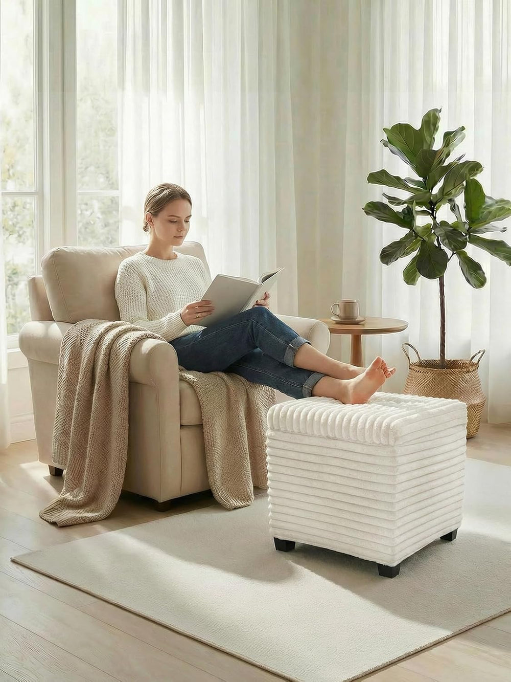ABHENG Steel Frame Square Ottoman with Storage Vanity Stool White UASND644W