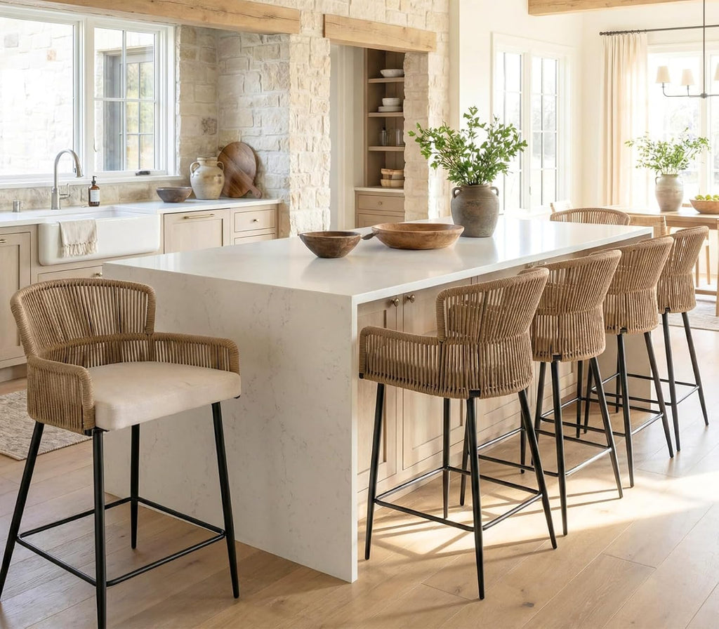 HNY Farmhouse Woven Bar Stools Set of 3, 26 Inch Linen Upholstered Rattan Barstools with Curved Backs, Modern Cane Counter Height Bar Chairs with Metal Legs and Armrest for Kitchen Island, Beige