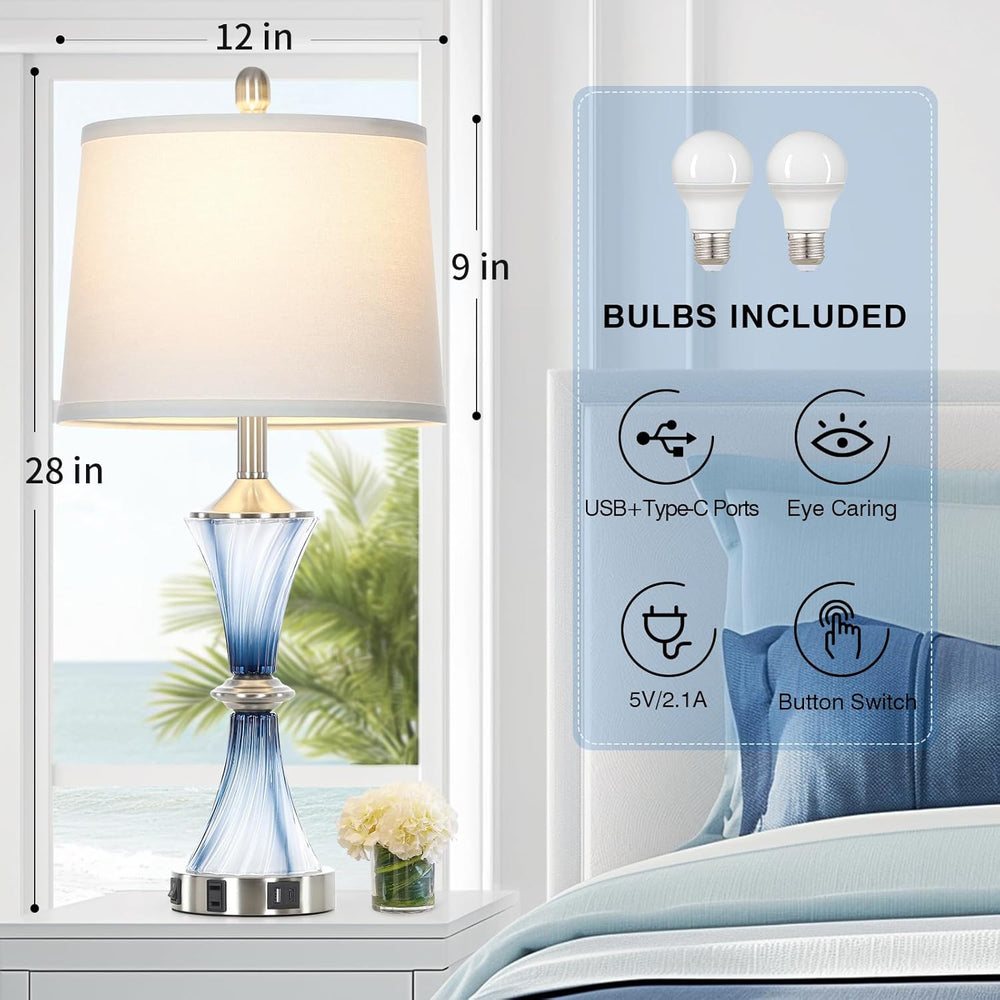Rinweey Blue Glass Table Lamp Set of 2 with USB C+A Ports & AC Outlet, Be...