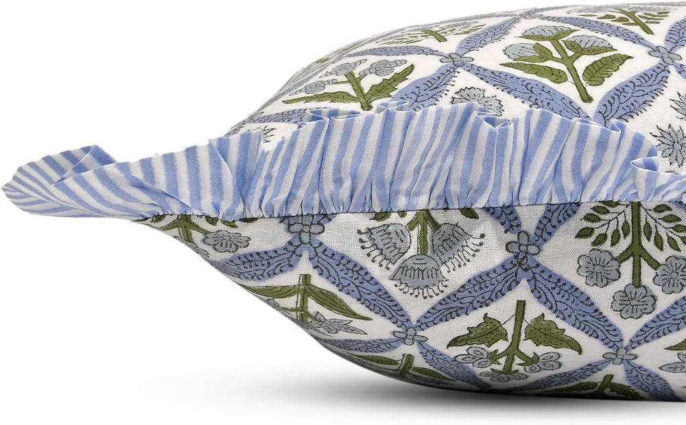 Ridhi Light Steel Blue Block Print Ruffle Pillow Covers 16x16 Inch Set of 2