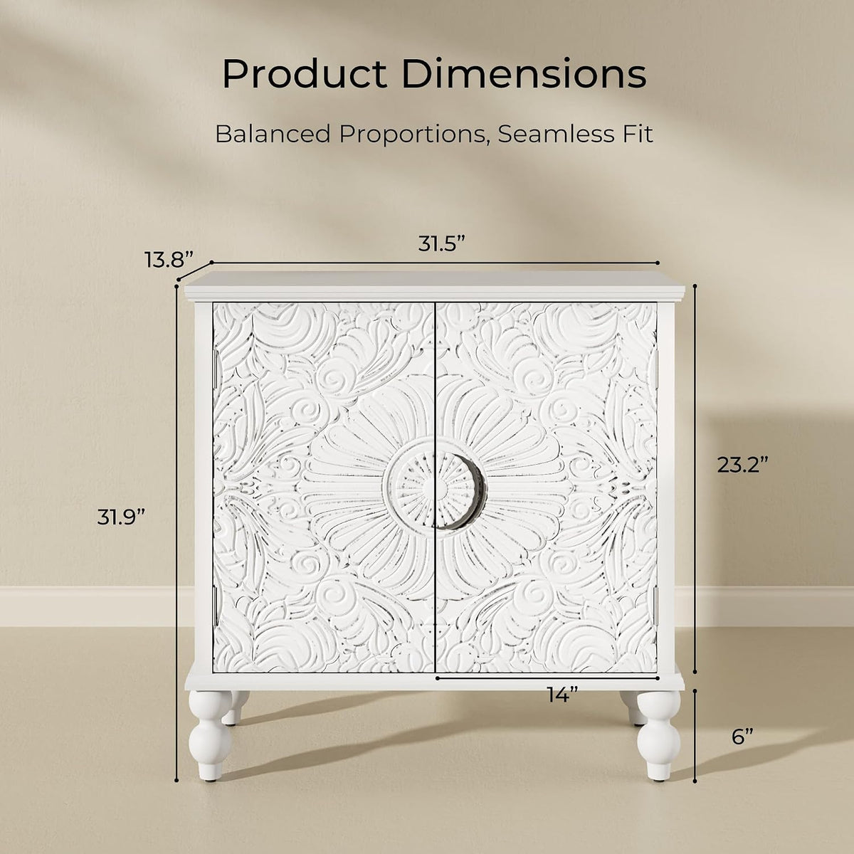 Solid Wood Buffet Cabinet, Accent Cabinet, 2 Carved Doors, White