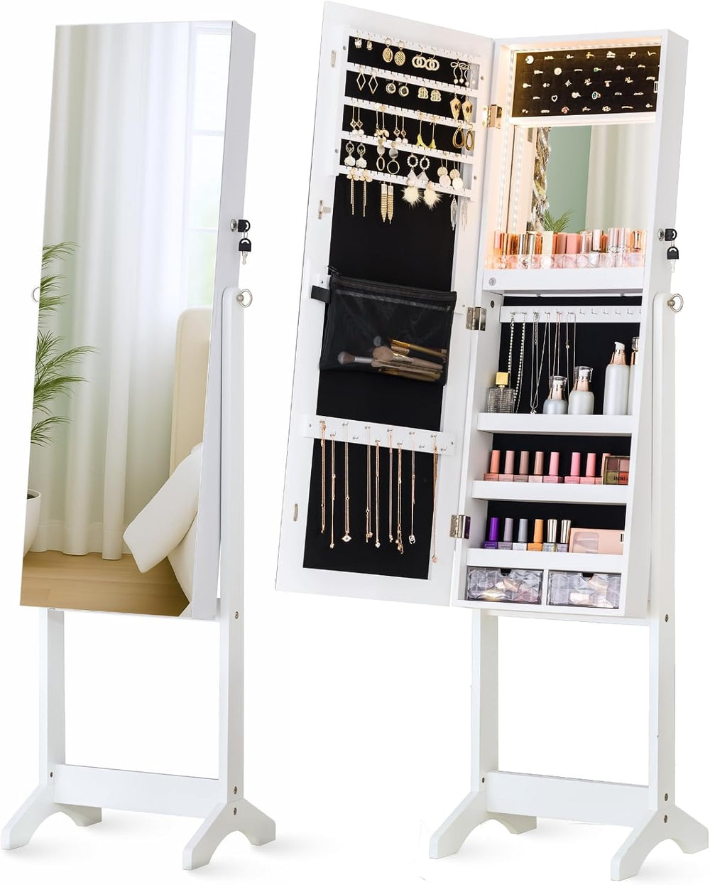 LUXFURNI Full‑Length Standing Jewelry Armoire, 60 in Mirror with Storage