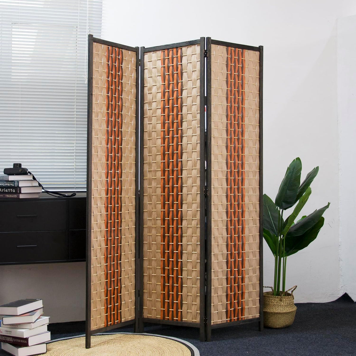 Furnnylane 3 Panel Rattan Room Divider, Beige Orange Folding Privacy Screen