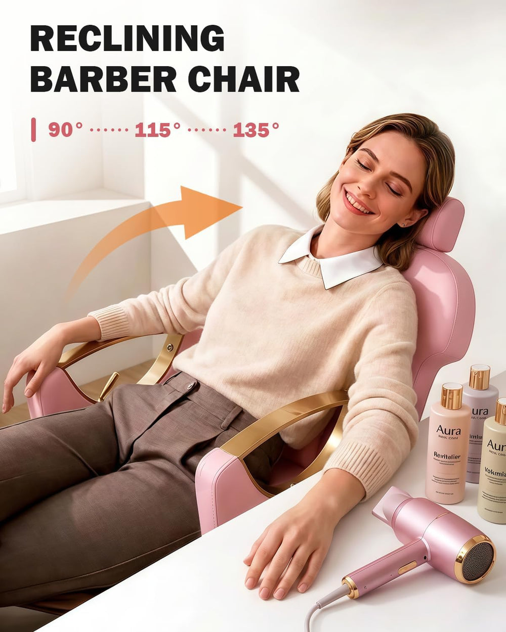 Salon Barber Chair for Hair Stylist, Pink Reclining Hair Styling Chair with W...