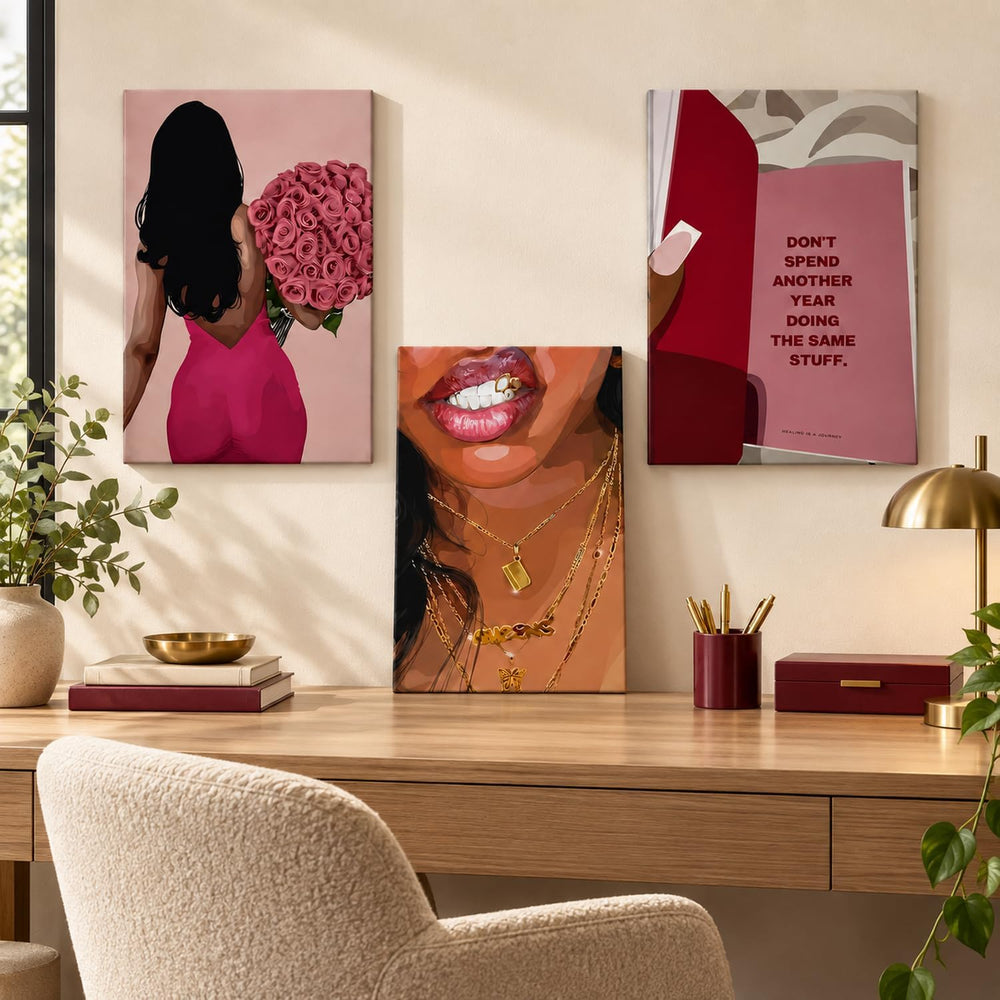 Pink Fashion Black Woman Canvas Wall Art Set of 3 African American Girl Wall ...