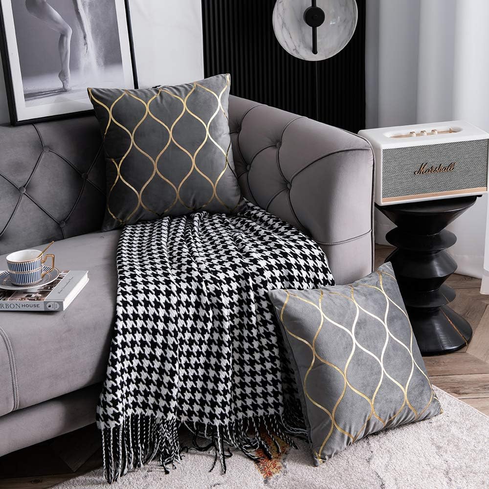 DEZENE Gold Velvet Throw Pillow Covers: 2 Pack 24x24 Inch Square Decorative P...