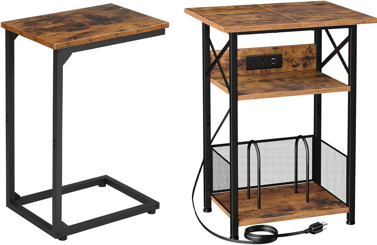 AMHANCIBLE C Shaped End Table，Large Turntable Stand with Storage Cabinet