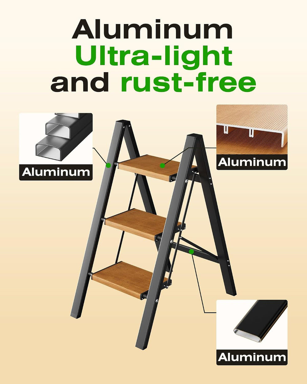 Taranta 3 Step Stool Foldable,Aluminum Step Ladder-BlackWoodgrain