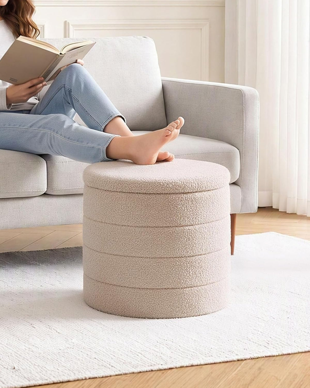B FSOBEIIALEO Folding Storage Ottoman, Round Sherpa Ottomans, Beige