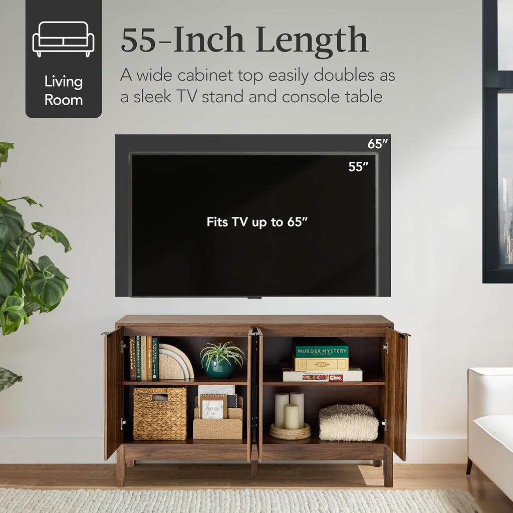 Best Choice Products 55" Modern 4-Door Sideboard Storage Cabinet, Buffet, Media Cabinet, Cupboard, Entryway Accent Table, Bookcase w/Reed Panels and Adjustable Shelves – Walnut