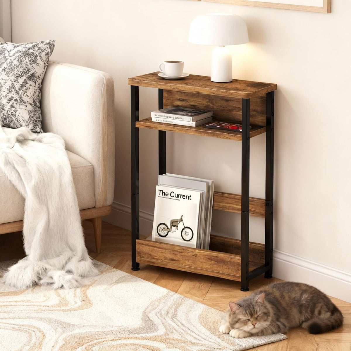 Garvee Narrow Side Table, 3-Tier Slim End Table with Storage Shelf, Modern Sofa Thin Side Tables for Narrow and Small Spaces, Skinny Bedside Tables Nightstand with Magazine Rack Space Saving Brown