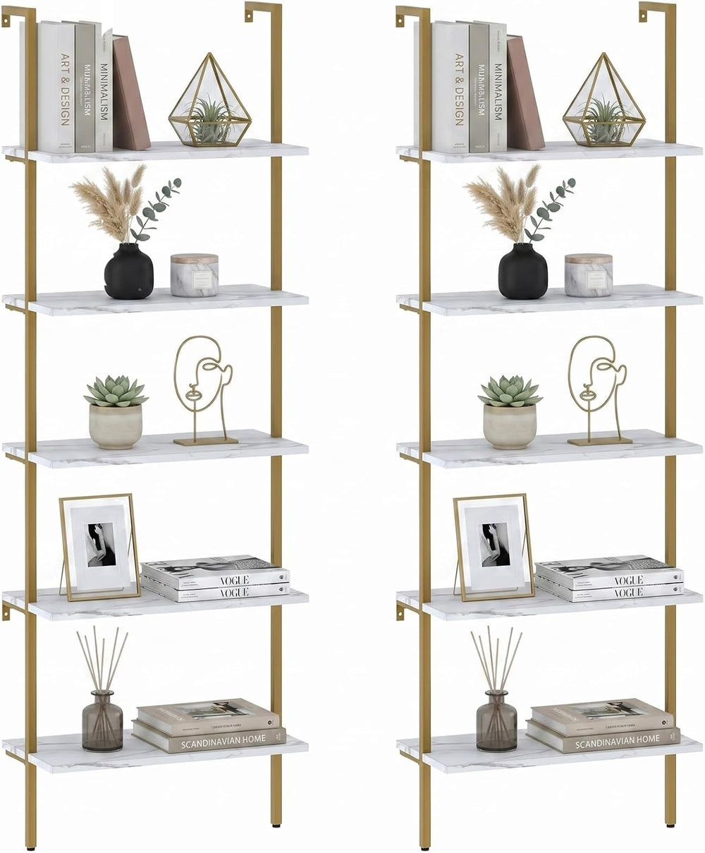 aboxoo Ladder Shelf 2PCS White Marble Bookshelf 5-Tier Wall-Mounted Wood Rack...