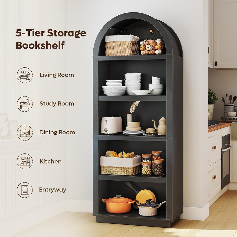 Bestier 76" Tall Arched Bookshelf with Adjustable 2 Book Shelves, Black Oak