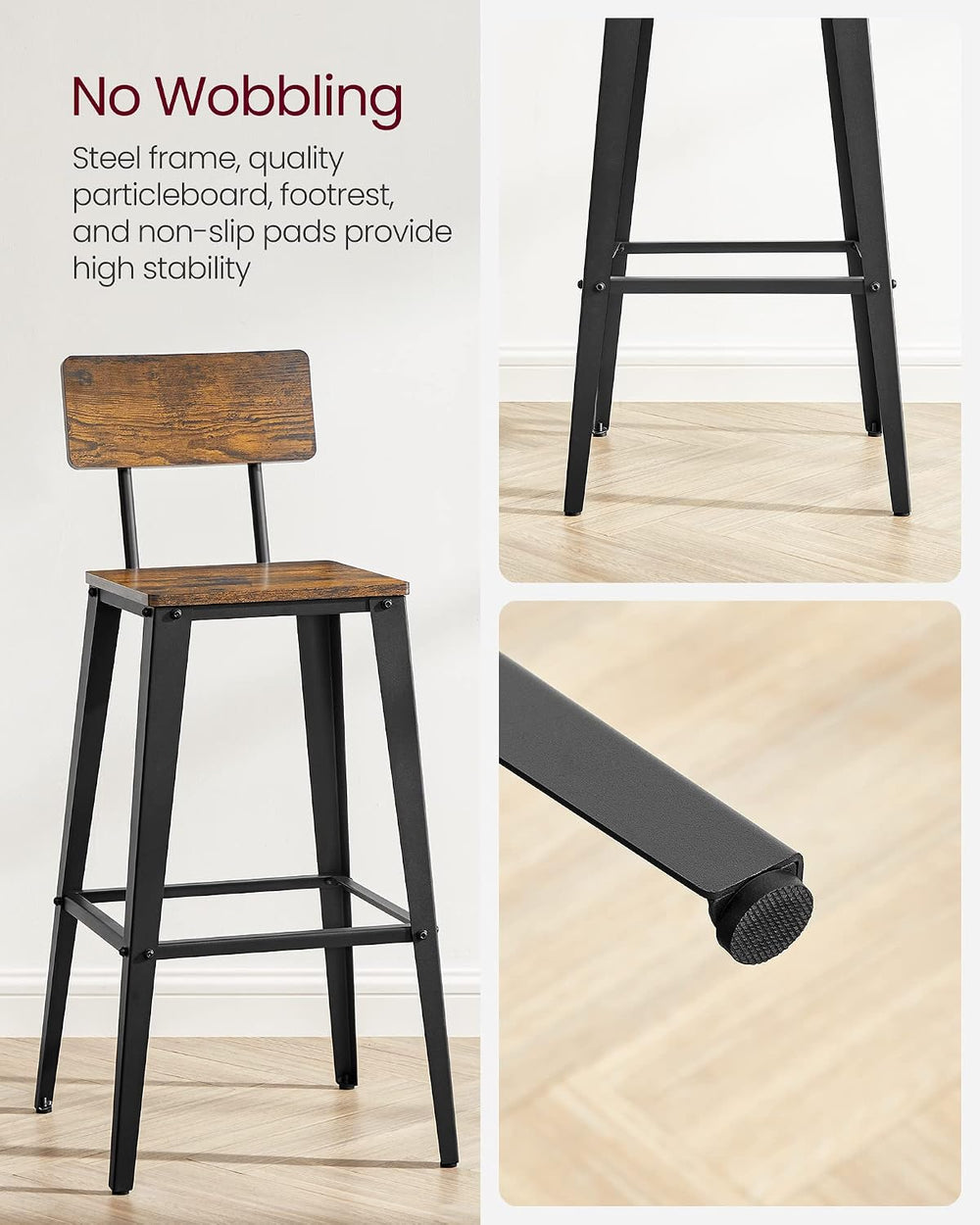 VASAGLE Bar Stools Set of 2, 29.7 Inches Tall, with Back, Steel Frame