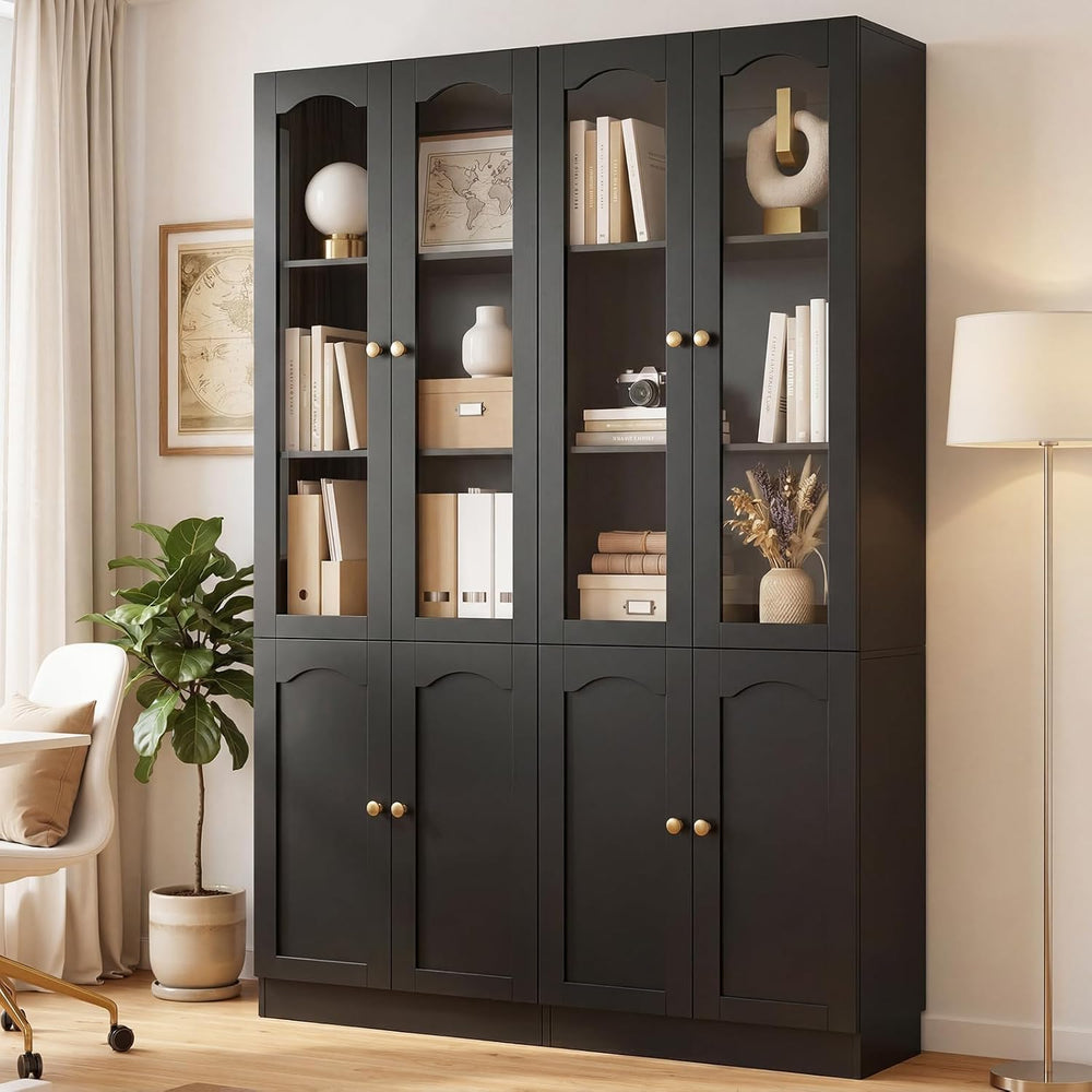 Cyclysio 80" Tall Bookcase with Arched Glass Doors, Adjustable Shelf, Black