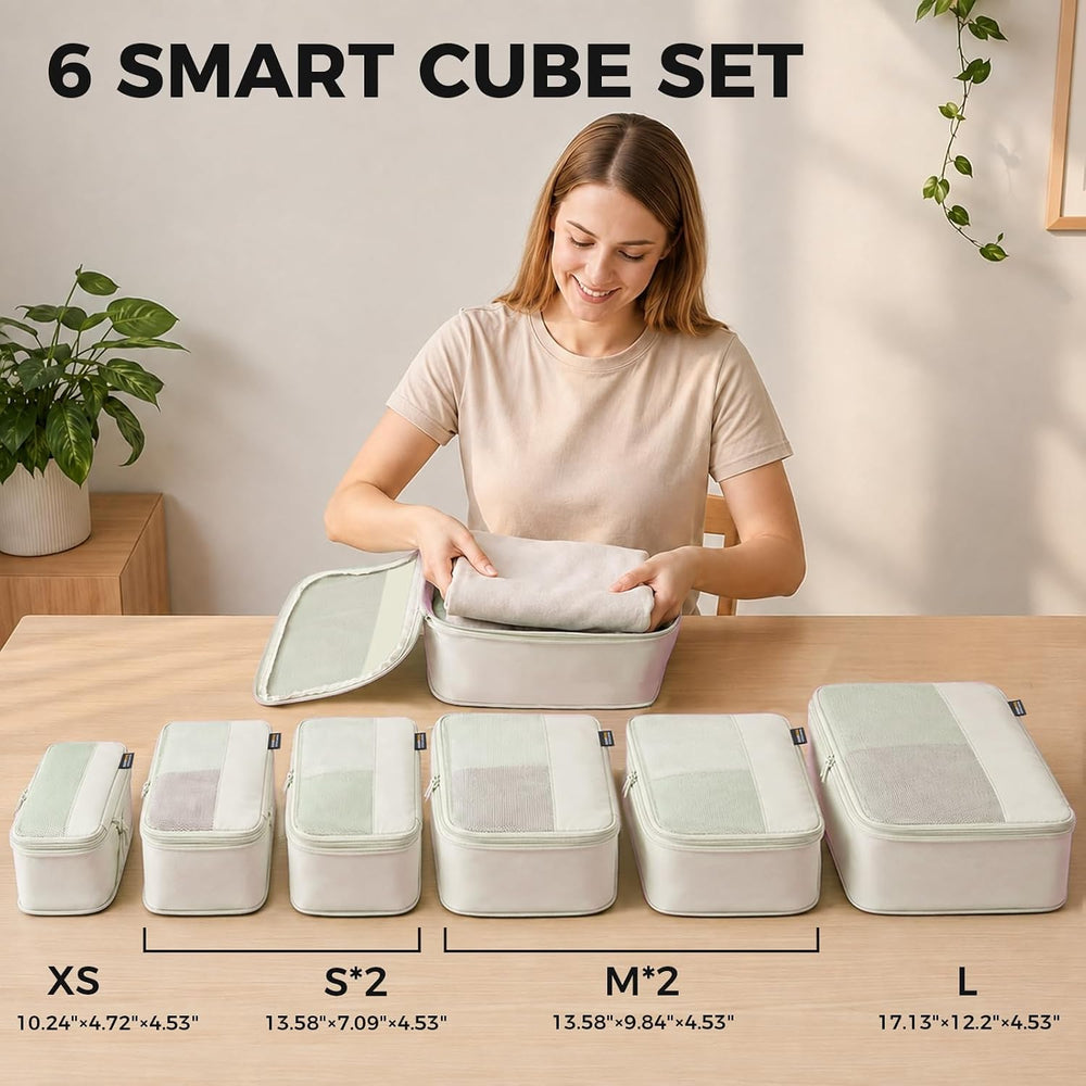 6 Piece Compression Packing Cubes for 7–14 Day Travel, Off White