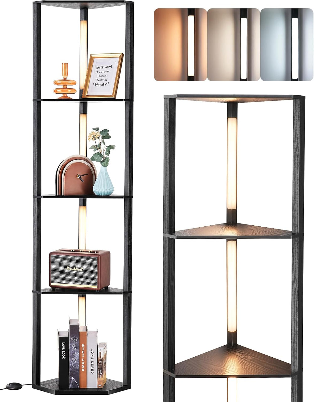 EDISHINE 64'' Corner Display Shelf Floor Lamp, 3CCT, Floor Lamp, Black
