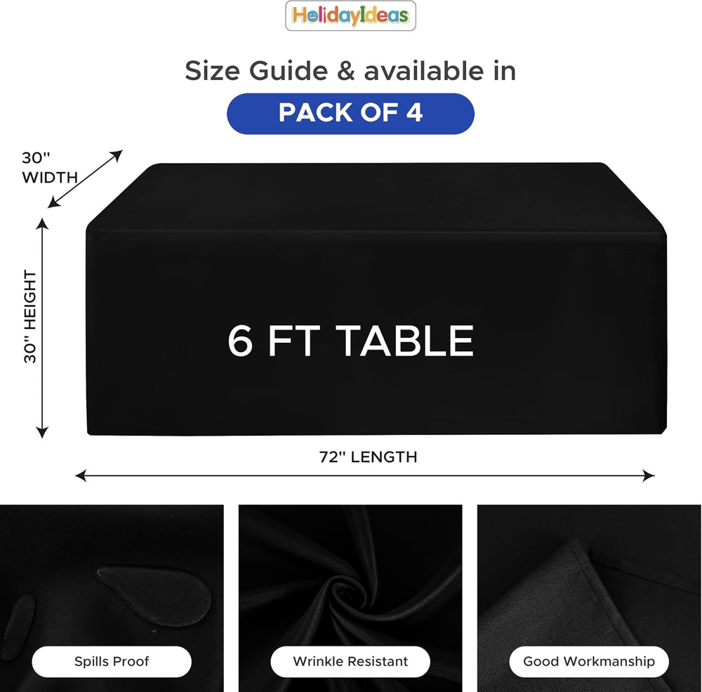 4-Pack 6ft Black Table Cloths for 6 Foot Rectangle Tables For Craft Shows