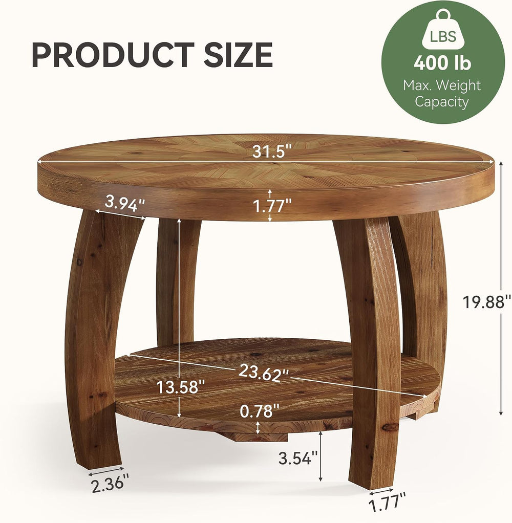 Solid Wood Round Coffee Table, 2-Tier Center Table with Storage