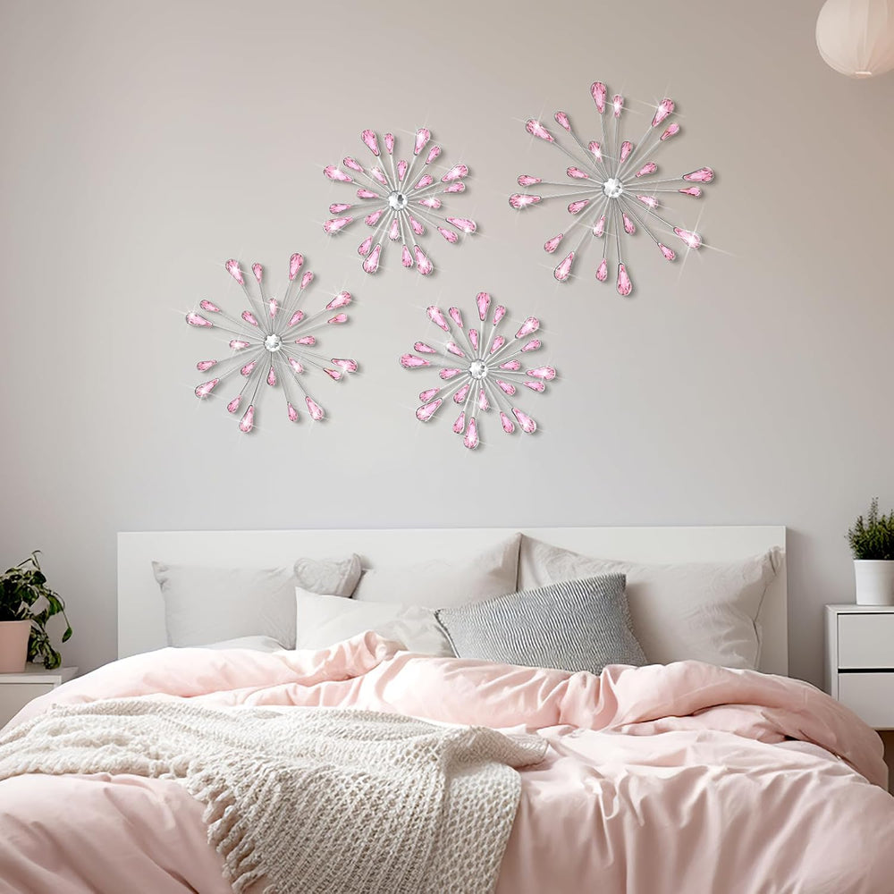 Hicarer 4 Pcs Starburst Wall Decor, Bling Metal Wall Art, Pink