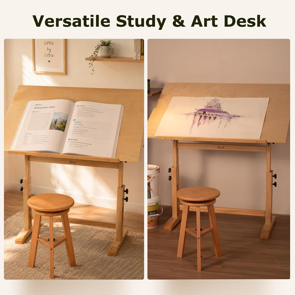 DJAR 42x30 Adjustable Wooden Drafting Table & Art Drawing Desk, Natural