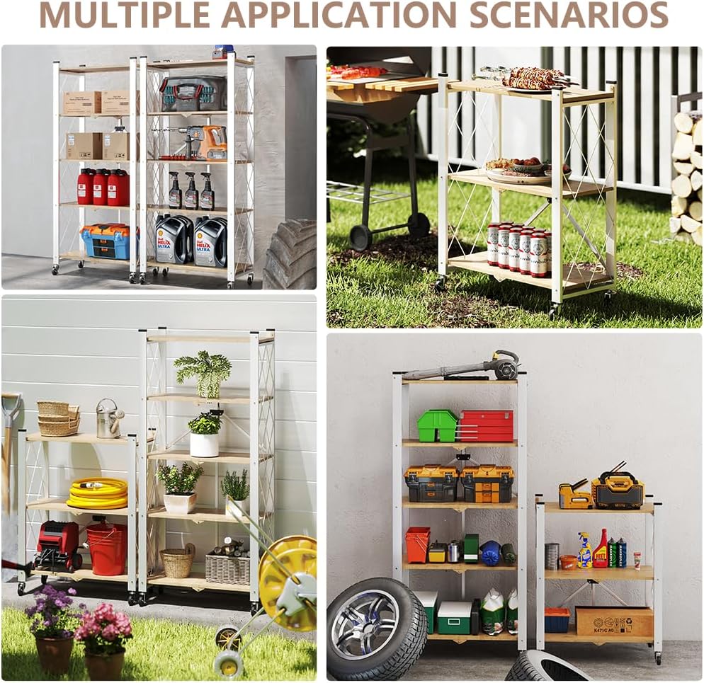 Hershii 5-Tier Foldable Storage Shelves with Wheels Heavy Duty Metal Shelf