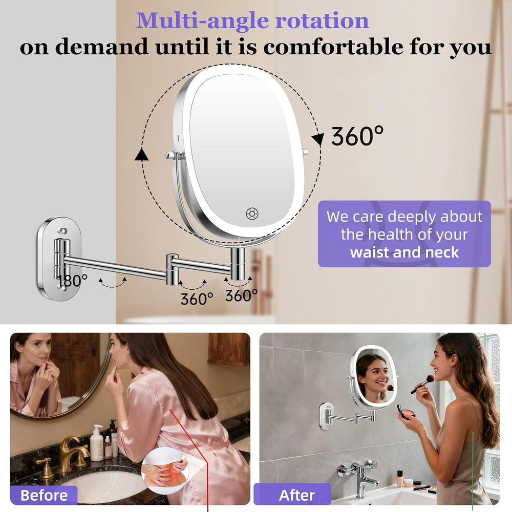 FUNTOUCH 5000mAh Rechargeable Wall Mounted Lighted Makeup Mirror, Chrome