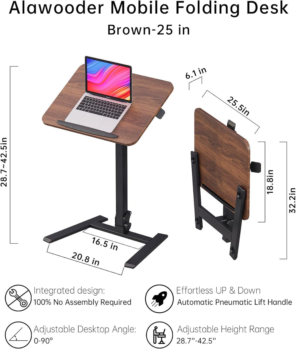alawooder 25" Mobile Folding Desk: Pneumatic Sit-Stand, No Assembly