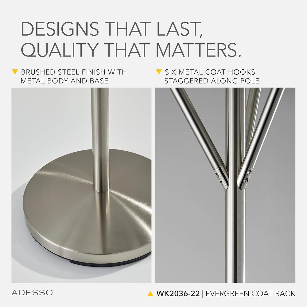 Adesso Coat Rack, Brushed Steel, 6 Hooks, Space-Saving, 67"