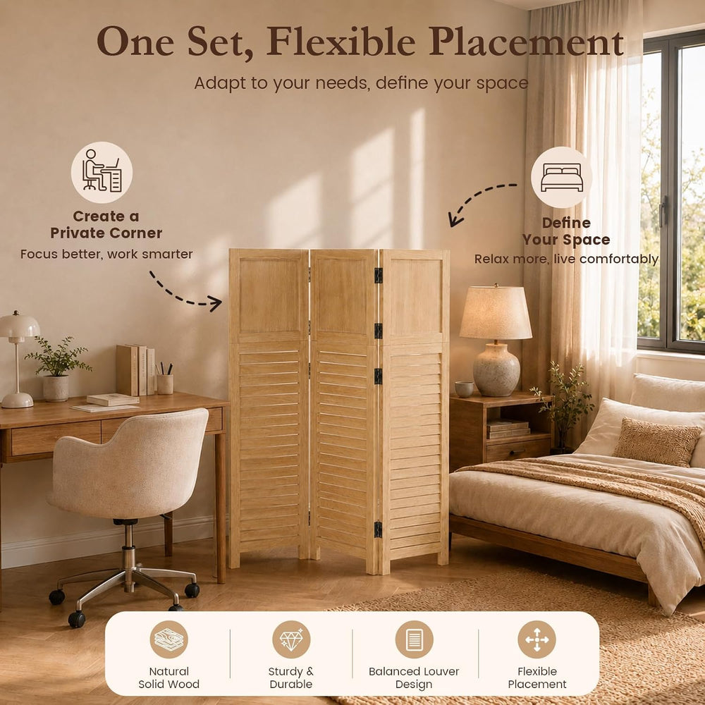 1 Pack 3 Panel Wood Short Room Divider Folding Screen Light Brown