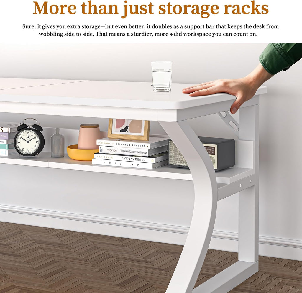 55 inch Computer Desk, Home Office Desk with Storage Shelf, Sturdy U-Shaped Metal Frame Study Table with Cable Management, Gaming Desk for Office & Bedroom (White, 55inch)