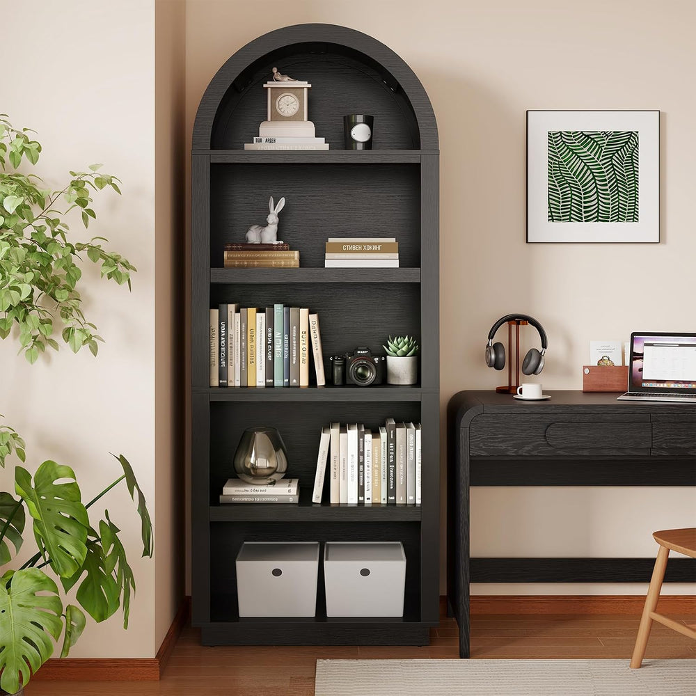 Bestier 76" Tall Arched Bookshelf with Adjustable 2 Book Shelves, Black Oak