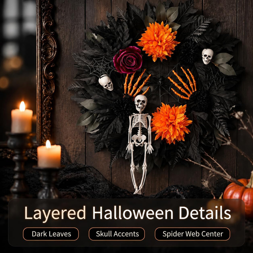 24in Halloween Wreath for Front Door, Black Pumpkin Skull Gothic Door Decor