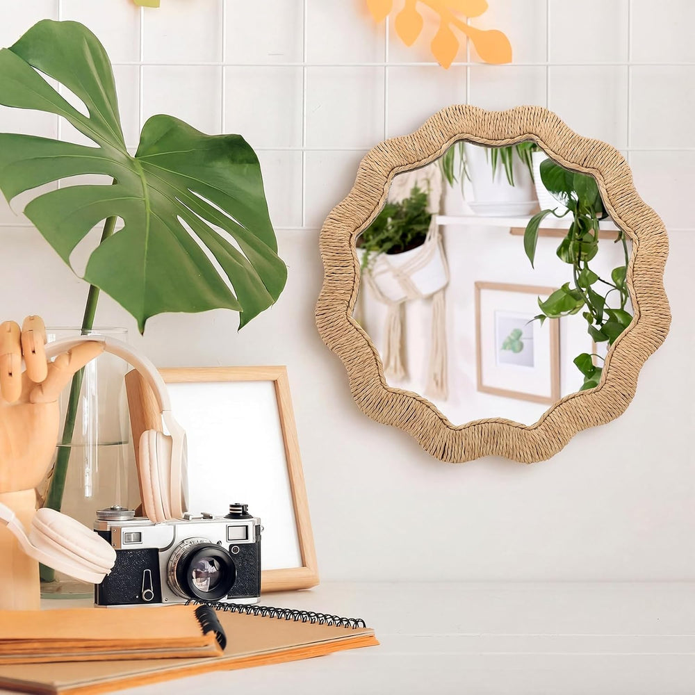 Junkin Boho Rattan Mirror for Bathroom, Circle, 11.8 x 11.8 in
