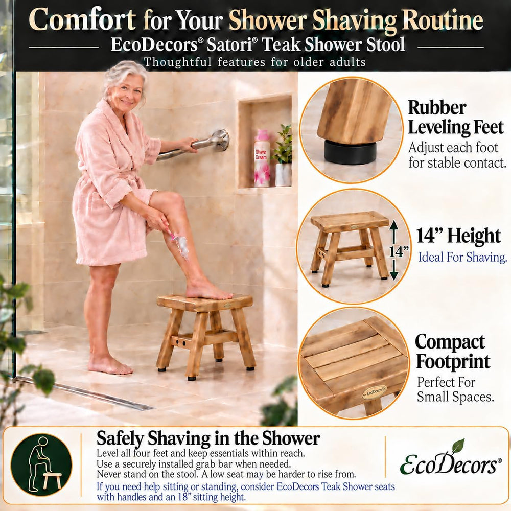 EcoDecors Satori Teak Shower Shaving Stool, 14-Inch Height x 12" Depth