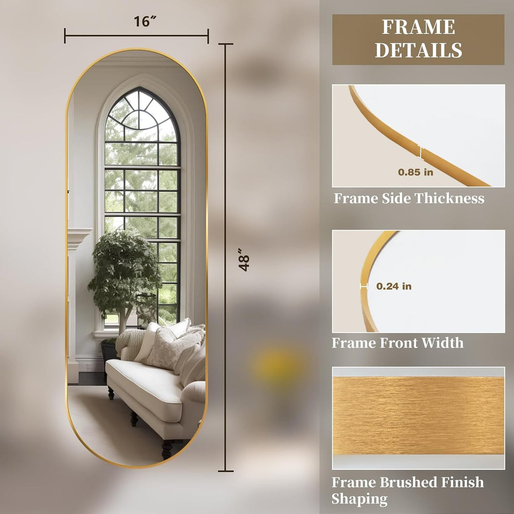 Oval Full Length Mirror, 48"×16" Wall-Mounted Mirror with Metal Fra...