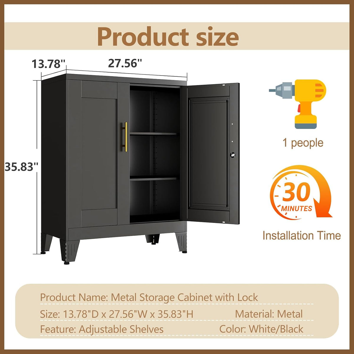 GAIOUS Black Metal File Cabinet with Lock(Two Units), Steel Storage Cabient