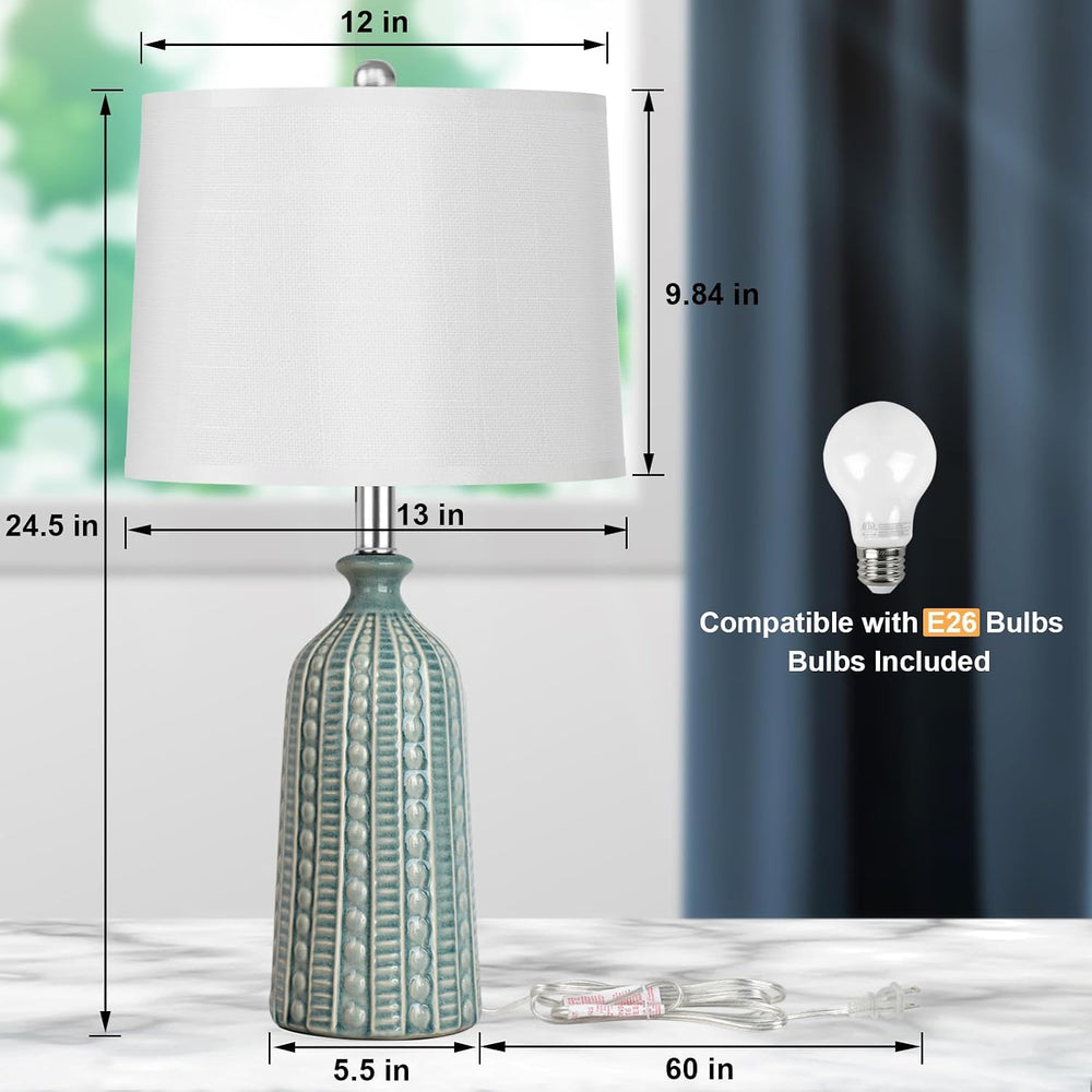 JUNNAI Green Ceramic Table Lamp 24.5": 3-Way Dimmable Nightstand Lamp wi...