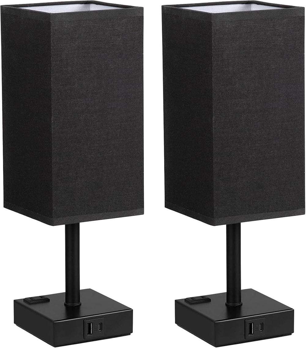 Set of 2 Black Table Lamp for Bedroom - Dimmable Touch, USB C+A, AC Outlet